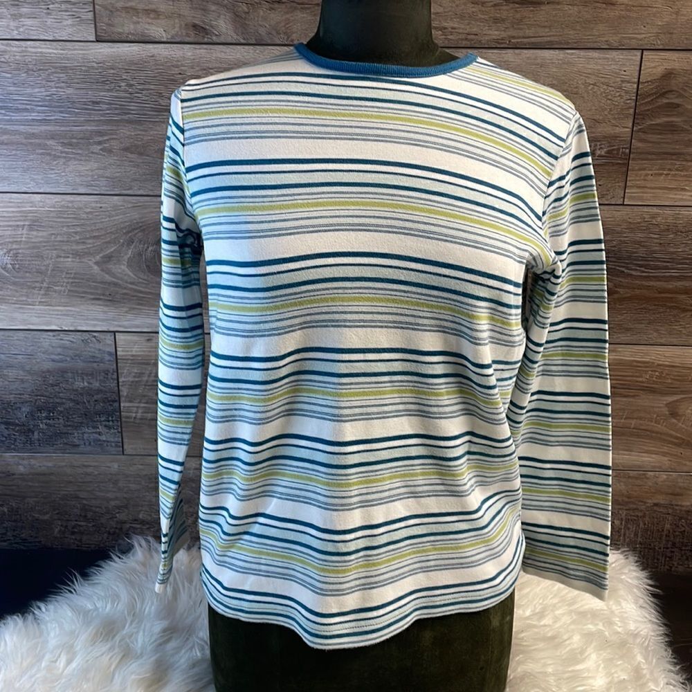 CB Casual Womens Striped LongāSleeve Pullover Top Size Small Blue Green White
